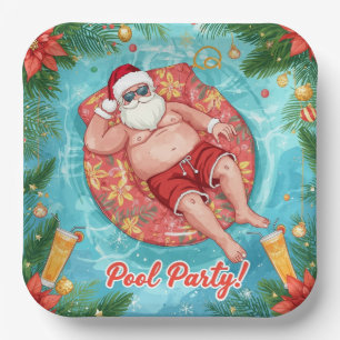 Christmas Pool Party with Santa Claus Paper Plates