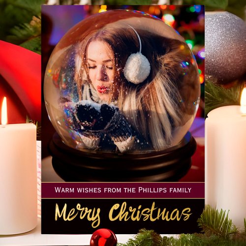 Christmas Portrait Vignette Snow Globe Tree Lights Foil Holiday Card