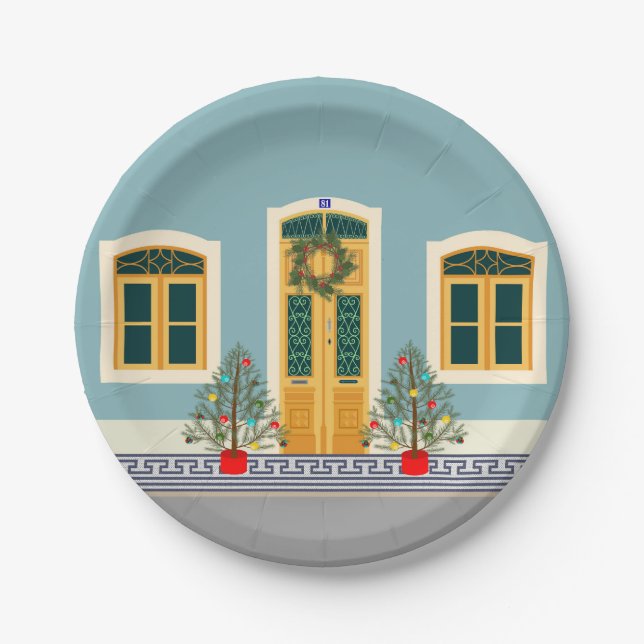 Christmas Portuguese Festive House Paper Plates (Front)