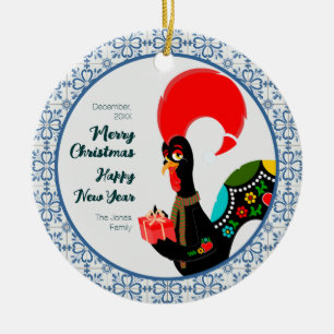 Christmas Portuguese Rooster and blue tiles frame Ceramic Ornament