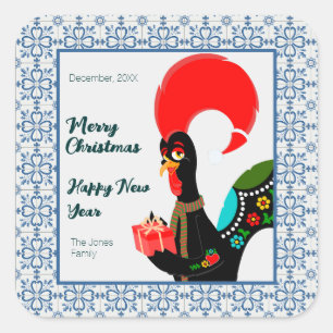 Christmas Portuguese Rooster and blue tiles frame Square Sticker
