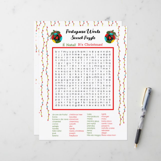 Christmas Portuguese  Word Search Puzzle for Kids (Front/Back In Situ)