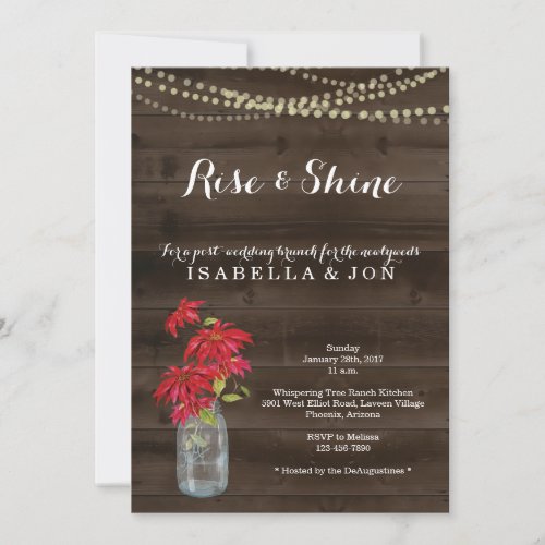 Christmas Post Wedding Brunch Morning After Invitation - Hand painted watercolor poinsettia and mason jar complemented by a rustic wood background, string lights, and beautiful calligraphy.