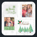 Christmas Postage Stamps 2 Photo Square Sticker<br><div class="desc">Christmas stickers,  personalized with 2 of your photos and postage stamps decorated with christmas trees,  holly and festive wording (Let it snow,  Merry Christmas and Merry & bright). Two of the stamps have your photos on them,  displayed as one vertical portrait and one square.</div>