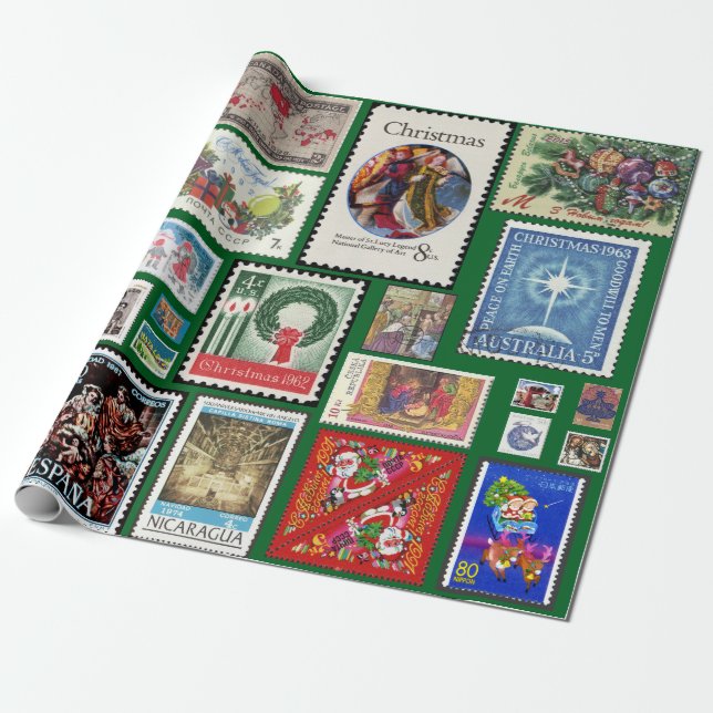 Christmas Postage Stamps Around the World  Wrapping Paper (Unrolled)