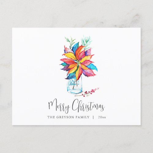 Christmas Postcard Colorful Botanical Poinsettia