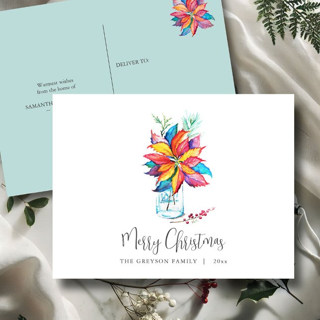 Christmas Postcard Colorful Botanical Poinsettia (Christmas postcard watercolor poinsettia art by Victoria Grigaliunas Do Tell A Belle)