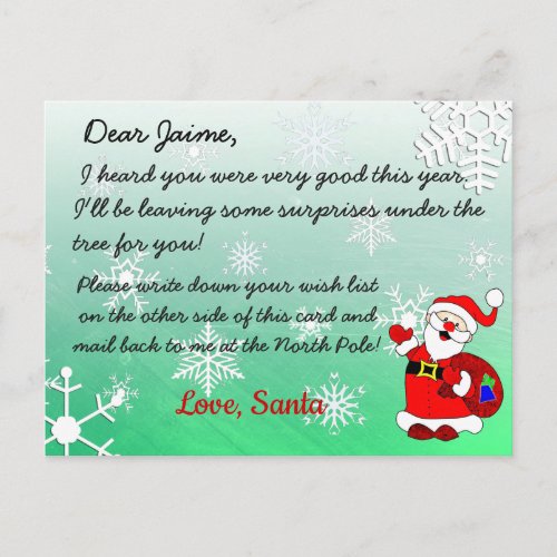 Christmas Postcard from Santa to a child