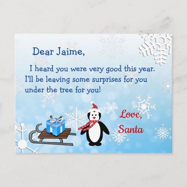 Christmas Postcard from Santa to a child (Front)