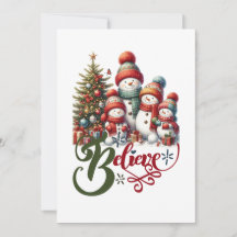 Christmas postcard with cute snowman family