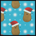 Christmas Potatoes Wearing Santa Hats Fabric<br><div class="desc">Funny repeat pattern of brown Christmas potatoes wearing red Santa hats with white trims and fluffy pompoms. Behind is a blue background with sparkly white snowflakes.</div>
