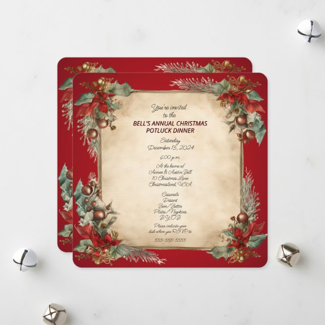 Christmas Potluck  Dinner Old World Scroll Invitat Holiday Card (Front/Back In Situ)