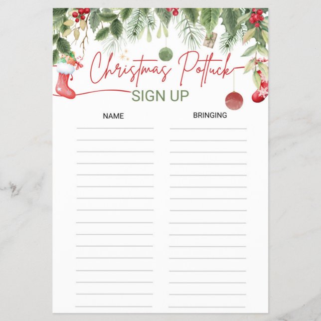Christmas Potluck Sign-Up Sheet Xmas Dinner List (Front)