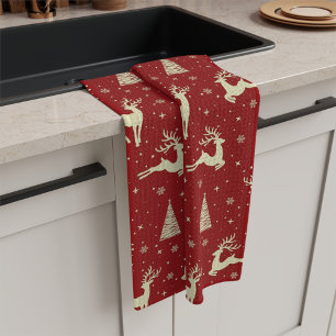 Christmas Prancing Gold Deer Holiday Kitchen Towel