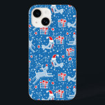 Christmas prancing reindeer and singing bird case<br><div class="desc">Blue red and white Christmas pattern case,  featuring cute birds singing and deers prancing over gifts in the snow by Sarah Trett.</div>