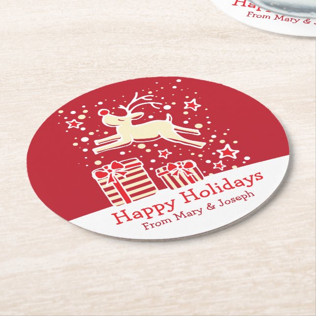Christmas prancing reindeer red paper coasters (Angled)