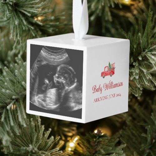 Christmas Pregnancy Announcement Ultrasound Photo Cube Ornament
