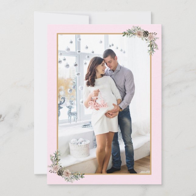 Christmas Pregnancy Girl Pink Modern Floral Photo Invitation (Front)