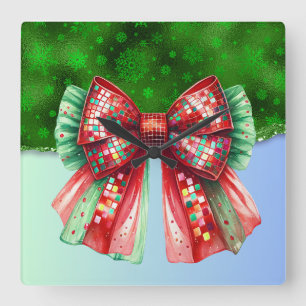 Christmas Present Croquette Bow Bling Glitter Xmas Square Wall Clock