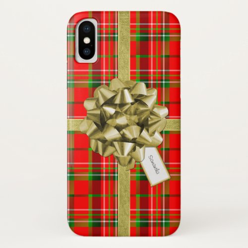 Christmas Present in Red Tartan Plaid Gold Bow iPhone X Case