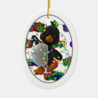 Christmas Present Penguin Ceramic Ornament