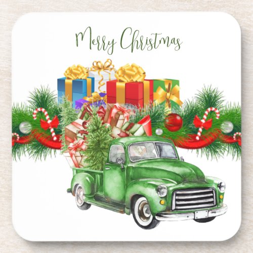 Christmas Presents Garland Old Truck  Beverage Coaster