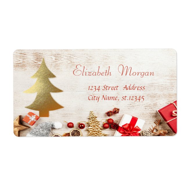 Christmas Presents, Gold Tree , Wood Texture Label (Front)