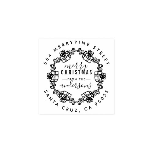 Christmas Presents Sketch Wreath Return Address Rubber Stamp