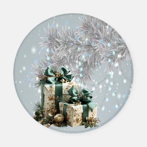 Christmas Presents Teal Satin Ribbon Gold Beads Coaster Set