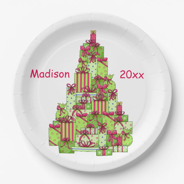 Christmas Presents Tree Name Personalized Paper Plates (Front)