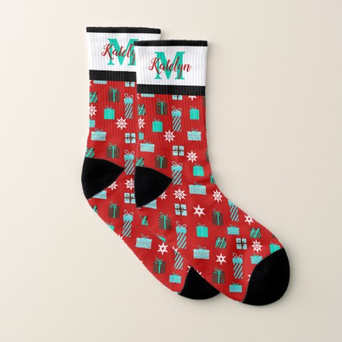 Christmas Presents with Monogram Name Red  Green Socks