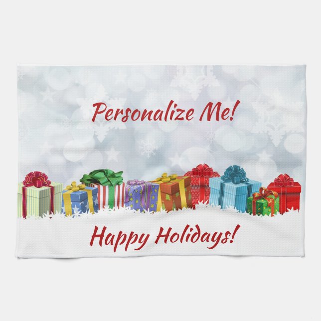 Christmas Presents Wrapped Gifts Happy Holiday Kitchen Towel (Horizontal)