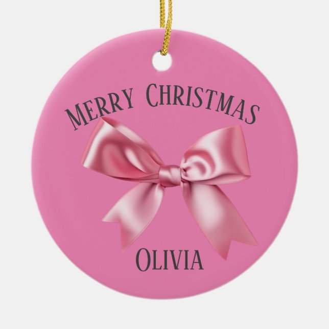 Christmas Pretty Pink Custom Name Coquette Bow  Ceramic Ornament (Front)