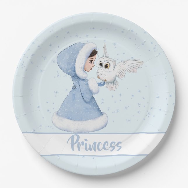 Christmas Princess Owl Winter Snowflakes Paper Plates (Front)