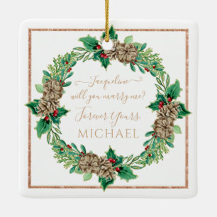 Christmas Proposal Red Wreath Holly Leaf Greenery Ceramic Ornament