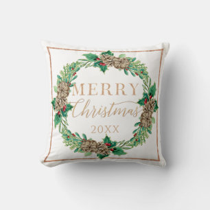 Christmas Proposal Red Wreath Holly Leaf Greenery Throw Pillow
