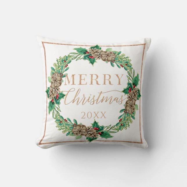 Christmas Proposal Red Wreath Holly Leaf Greenery Throw Pillow (Front)