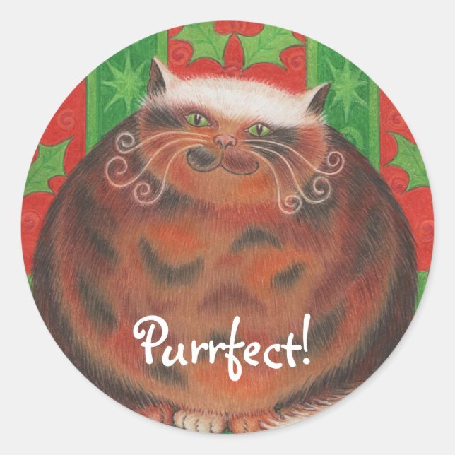 Christmas Pud 'Purrfect!' round sticker (Front)