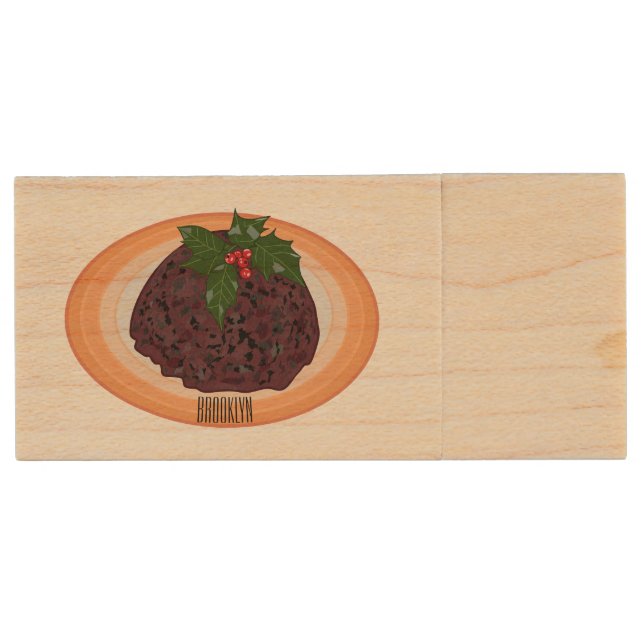 Christmas pudding cartoon illustration  wood flash drive (Front)