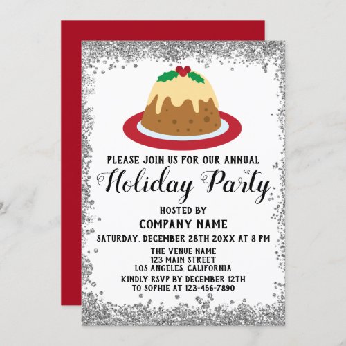 Christmas Pudding Company Holiday Party Red Silver Invitation