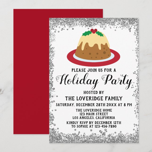 Christmas Pudding Holiday Party Red Silver Glitter Invitation (Front/Back)