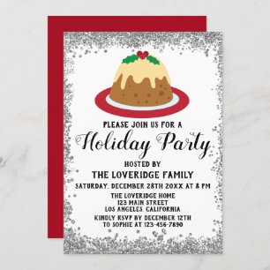 Christmas Pudding Holiday Party Red Silver Glitter Invitation