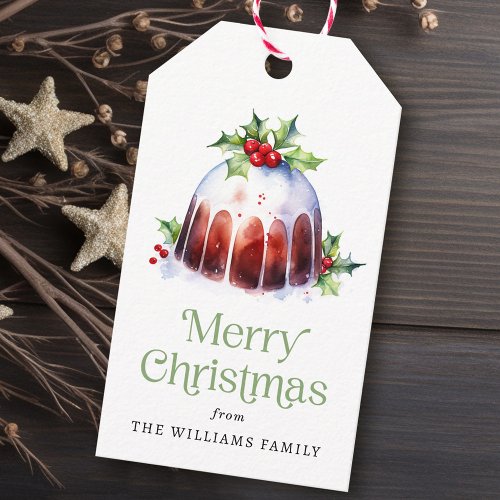 Christmas pudding holly berries watercolor gift tags