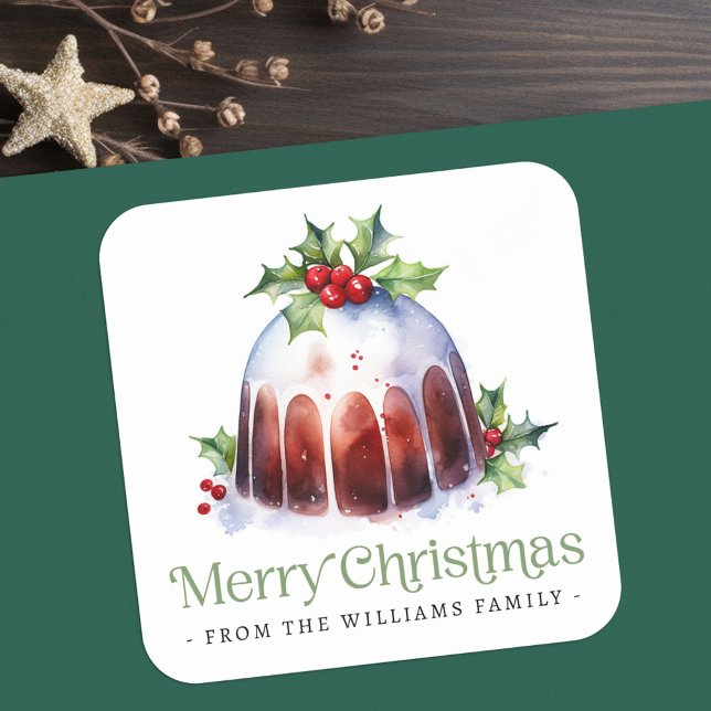 Christmas pudding holly berries watercolor square sticker (Christmas pudding holly berries watercolor square sticker)