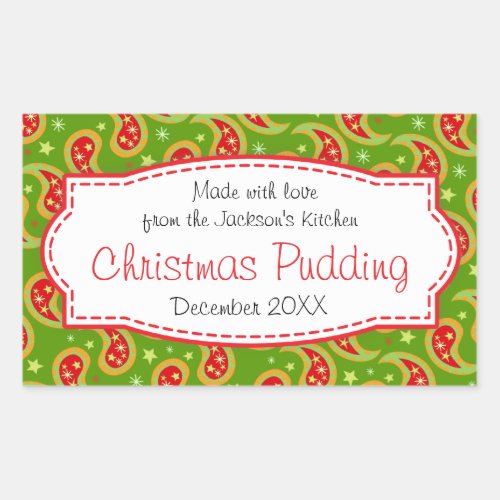 Christmas pudding paisley green food label sticker