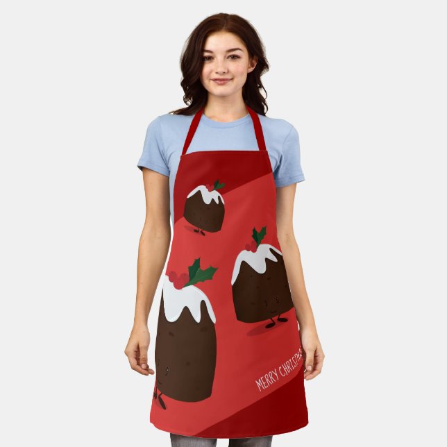 Christmas Pudding Red Merry Christmas Cartoon Apron (Worn)