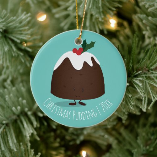 Christmas Pudding Teal Cartoon Character Ceramic Ornament