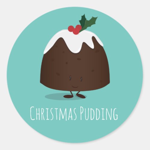 Christmas Pudding Teal Cartoon Character Classic Round Sticker