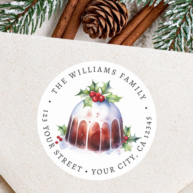 Christmas pudding watercolor return address classic round sticker (Christmas pudding watercolor return address classic round sticker)
