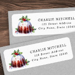 Christmas pudding watercolor return address label<br><div class="desc">Winter holiday return address labels featuring a beautiful watercolor painting of a Christmas pudding with icing,  holly and red berries.</div>